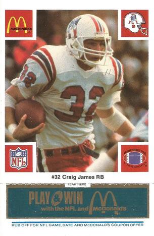 1986 McDonald's New England Patriots - Full Game Pieces - Week 1 Blue Tab #NNO Craig James Front