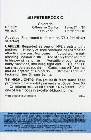 1986 McDonald's New England Patriots - Full Game Pieces - Week 1 Blue Tab #NNO Pete Brock Back