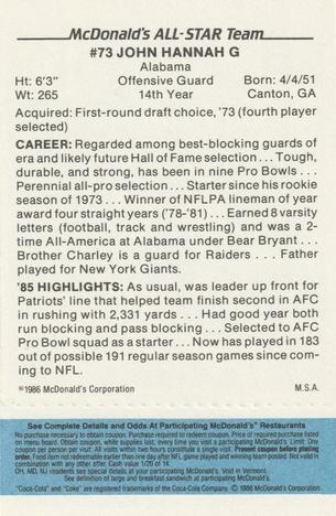 1986 McDonald's New England Patriots - Full Game Pieces - Week 1 Blue Tab #NNO John Hannah Back