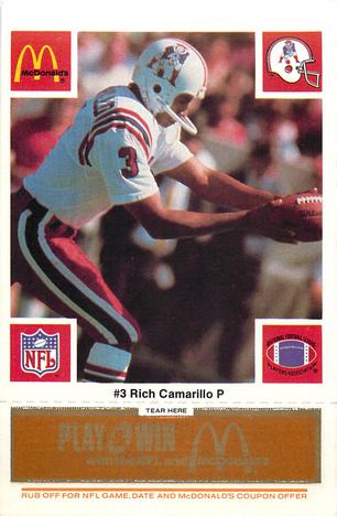 1986 McDonald's New England Patriots - Full Game Pieces - Week 3 Gold/Orange Tab #NNO Rich Camarillo Front