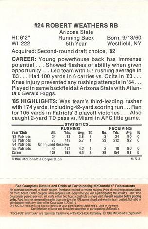 1986 McDonald's New England Patriots - Full Game Pieces - Week 3 Gold/Orange Tab #NNO Robert Weathers Back