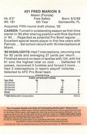 1986 McDonald's New England Patriots - Full Game Pieces - Week 3 Gold/Orange Tab #NNO Fred Marion Back