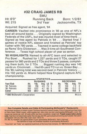 1986 McDonald's New England Patriots - Full Game Pieces - Week 3 Gold/Orange Tab #NNO Craig James Back