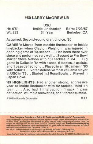 1986 McDonald's New England Patriots - Full Game Pieces - Week 3 Gold/Orange Tab #NNO Larry McGrew Back
