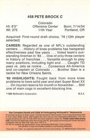 1986 McDonald's New England Patriots - Full Game Pieces - Week 3 Gold/Orange Tab #NNO Pete Brock Back