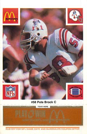1986 McDonald's New England Patriots - Full Game Pieces - Week 3 Gold/Orange Tab #NNO Pete Brock Front