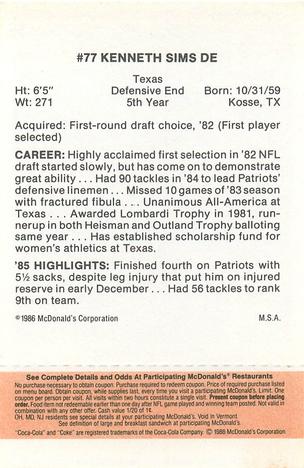 1986 McDonald's New England Patriots - Full Game Pieces - Week 3 Gold/Orange Tab #NNO Kenneth Sims Back