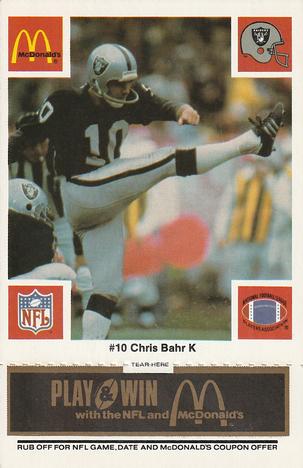 1986 McDonald's Los Angeles Raiders - Full Game Pieces Black/Gray Tab #NNO Chris Bahr Front