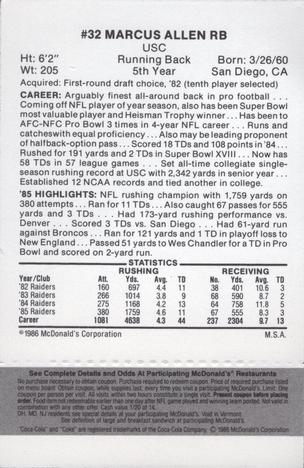 1986 McDonald's Los Angeles Raiders - Full Game Pieces Black/Gray Tab #NNO Marcus Allen Back