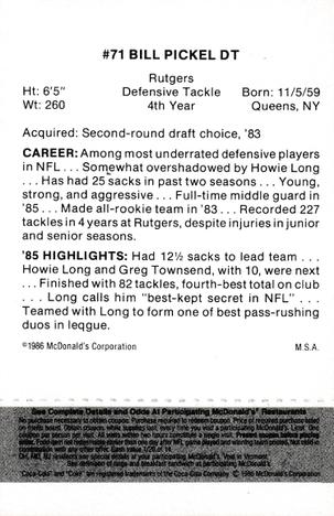 1986 McDonald's Los Angeles Raiders - Full Game Pieces Black/Gray Tab #NNO Bill Pickel Back