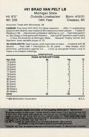 1986 McDonald's Los Angeles Raiders - Full Game Pieces Black/Gray Tab #NNO Brad Van Pelt Back