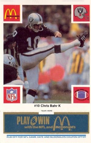 1986 McDonald's Los Angeles Raiders - Full Game Pieces Blue Tab #NNO Chris Bahr Front