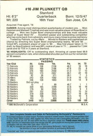 1986 McDonald's Los Angeles Raiders - Full Game Pieces Blue Tab #NNO Jim Plunkett Back