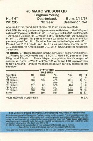 1986 McDonald's Los Angeles Raiders - Full Game Pieces Blue Tab #NNO Marc Wilson Back