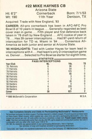 1986 McDonald's Los Angeles Raiders - Full Game Pieces Blue Tab #NNO Mike Haynes Back