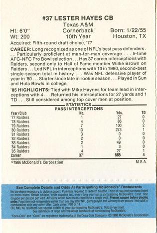 1986 McDonald's Los Angeles Raiders - Full Game Pieces Blue Tab #NNO Lester Hayes Back