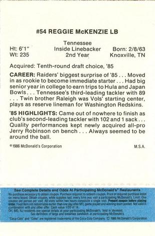 1986 McDonald's Los Angeles Raiders - Full Game Pieces Blue Tab #NNO Reggie McKenzie Back