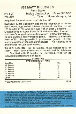 1986 McDonald's Los Angeles Raiders - Full Game Pieces Blue Tab #NNO Matt Millen Back