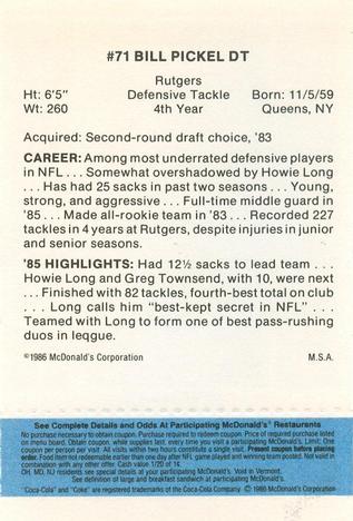 1986 McDonald's Los Angeles Raiders - Full Game Pieces Blue Tab #NNO Bill Pickel Back