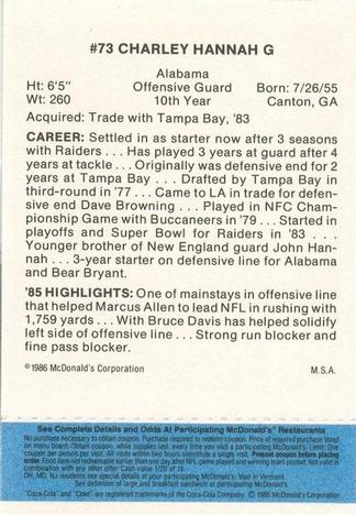 1986 McDonald's Los Angeles Raiders - Full Game Pieces Blue Tab #NNO Charley Hannah Back