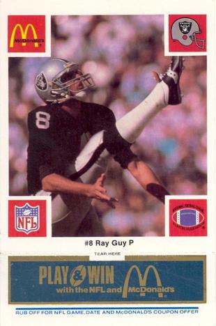 1986 McDonald's Los Angeles Raiders - Full Game Pieces Blue Tab #NNO Ray Guy Front