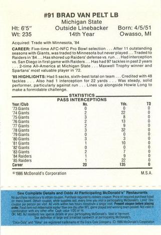 1986 McDonald's Los Angeles Raiders - Full Game Pieces Blue Tab #NNO Brad Van Pelt Back