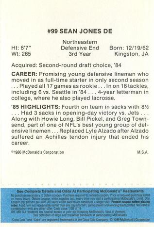 1986 McDonald's Los Angeles Raiders - Full Game Pieces Blue Tab #NNO Sean Jones Back