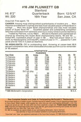 1986 McDonald's Los Angeles Raiders - Full Game Pieces Gold/Orange Tab #NNO Jim Plunkett Back