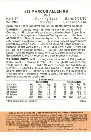 1986 McDonald's Los Angeles Raiders - Full Game Pieces Gold/Orange Tab #NNO Marcus Allen Back