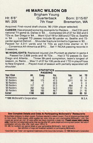 1986 McDonald's Los Angeles Raiders - Full Game Pieces Gold/Orange Tab #NNO Marc Wilson Back