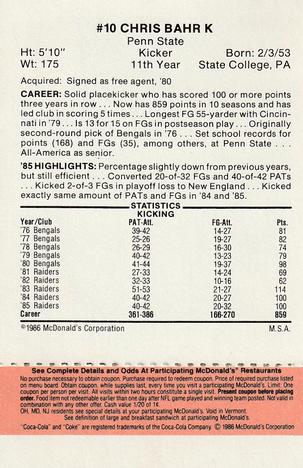 1986 McDonald's Los Angeles Raiders - Full Game Pieces Gold/Orange Tab #NNO Chris Bahr Back