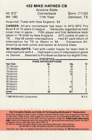 1986 McDonald's Los Angeles Raiders - Full Game Pieces Gold/Orange Tab #NNO Mike Haynes Back
