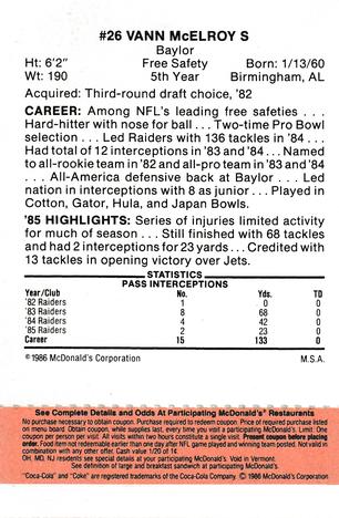 1986 McDonald's Los Angeles Raiders - Full Game Pieces Gold/Orange Tab #NNO Vann McElroy Back