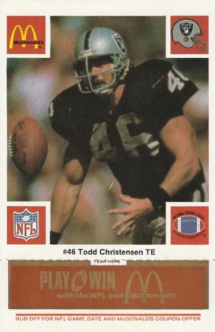 1986 McDonald's Los Angeles Raiders - Full Game Pieces Gold/Orange Tab #NNO Todd Christensen Front