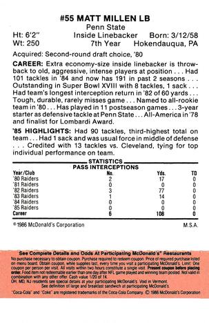 1986 McDonald's Los Angeles Raiders - Full Game Pieces Gold/Orange Tab #NNO Matt Millen Back