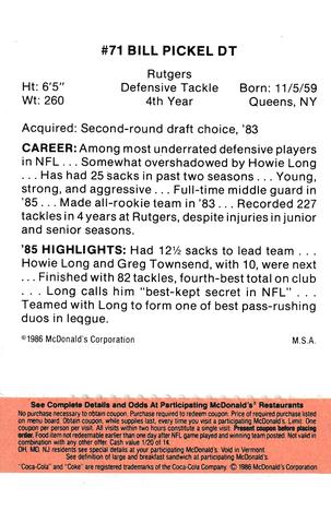 1986 McDonald's Los Angeles Raiders - Full Game Pieces Gold/Orange Tab #NNO Bill Pickel Back