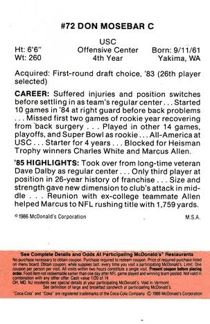 1986 McDonald's Los Angeles Raiders - Full Game Pieces Gold/Orange Tab #NNO Don Mosebar Back