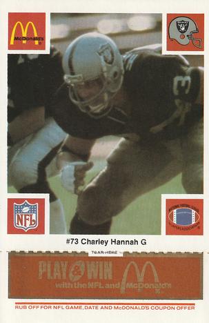 1986 McDonald's Los Angeles Raiders - Full Game Pieces Gold/Orange Tab #NNO Charley Hannah Front