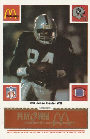 1986 McDonald's Los Angeles Raiders - Full Game Pieces Gold/Orange Tab #NNO Jessie Hester Front