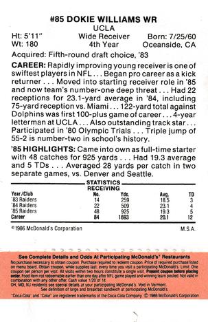 1986 McDonald's Los Angeles Raiders - Full Game Pieces Gold/Orange Tab #NNO Dokie Williams Back