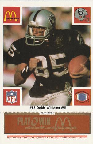 1986 McDonald's Los Angeles Raiders - Full Game Pieces Gold/Orange Tab #NNO Dokie Williams Front