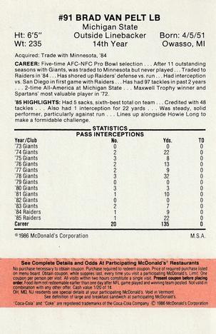 1986 McDonald's Los Angeles Raiders - Full Game Pieces Gold/Orange Tab #NNO Brad Van Pelt Back