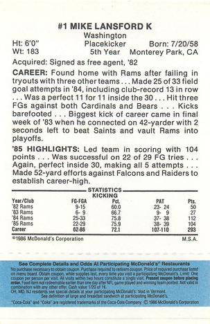 1986 McDonald's Los Angeles Rams - Full Game Pieces - Week 1 Blue Tab #NNO Mike Lansford Back
