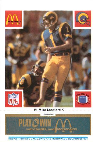 1986 McDonald's Los Angeles Rams - Full Game Pieces - Week 1 Blue Tab #NNO Mike Lansford Front