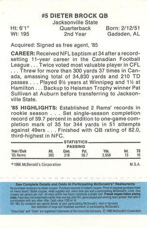 1986 McDonald's Los Angeles Rams - Full Game Pieces - Week 1 Blue Tab #NNO Dieter Brock Back