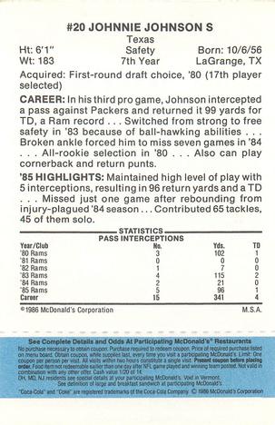 1986 McDonald's Los Angeles Rams - Full Game Pieces - Week 1 Blue Tab #NNO Johnnie Johnson Back