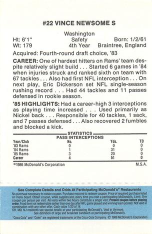 1986 McDonald's Los Angeles Rams - Full Game Pieces - Week 1 Blue Tab #NNO Vince Newsome Back
