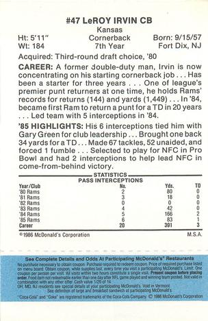 1986 McDonald's Los Angeles Rams - Full Game Pieces - Week 1 Blue Tab #NNO LeRoy Irvin Back