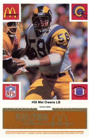 1986 McDonald's Los Angeles Rams - Full Game Pieces - Week 3 Gold/Orange Tab #NNO Mel Owens Front