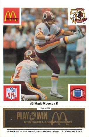 1986 McDonald's Washington Redskins - Full Game Pieces - Week 2 Black/Gray Tab #NNO Mark Moseley Front